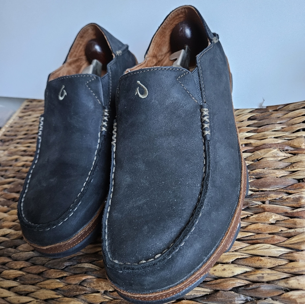 Olukai Mens Moloa Black Leather Slip On Loafers